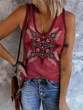 62. Aztec Print Henley Tank
